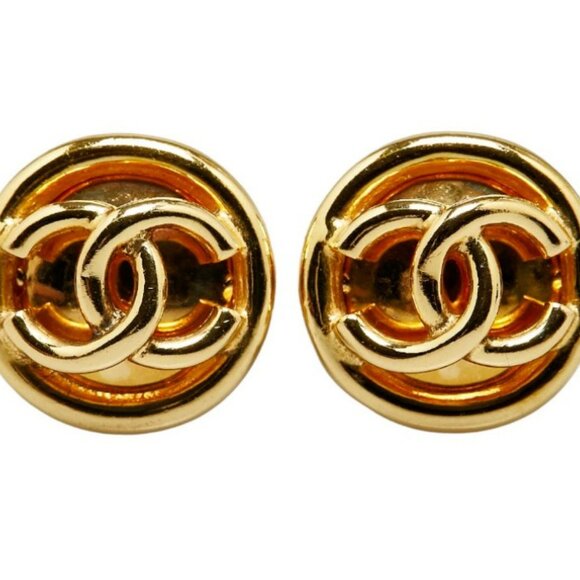 CHANEL CC Logos Round Clip-On Earrings Gold Tone 93P Auth w/Box D-222-6 - Picture 1 of 7